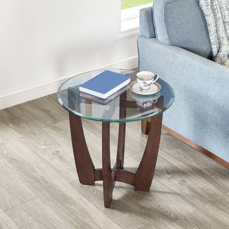 23.5 Inch Round Glass Coffee Table, Cherry Round Coffee Table Center Table With Glass Top, Small Coffee Table