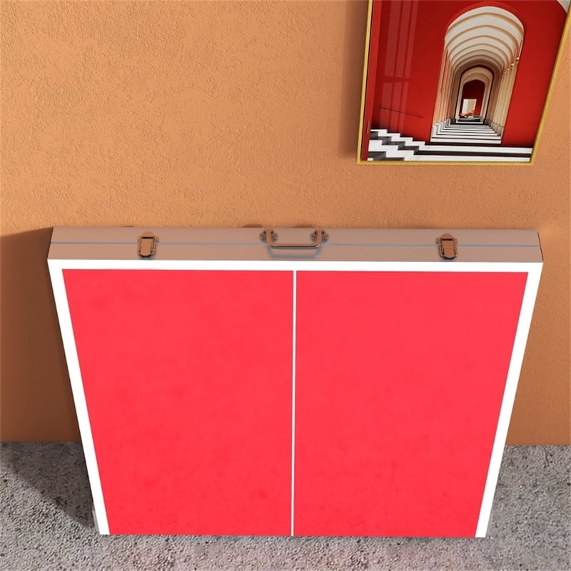 Red Foldable Ping Pong Table with Aluminum Frame and Paddles Balls Net for Indoor or Outdoor - 70.75" L x 35.5" W x 30" H