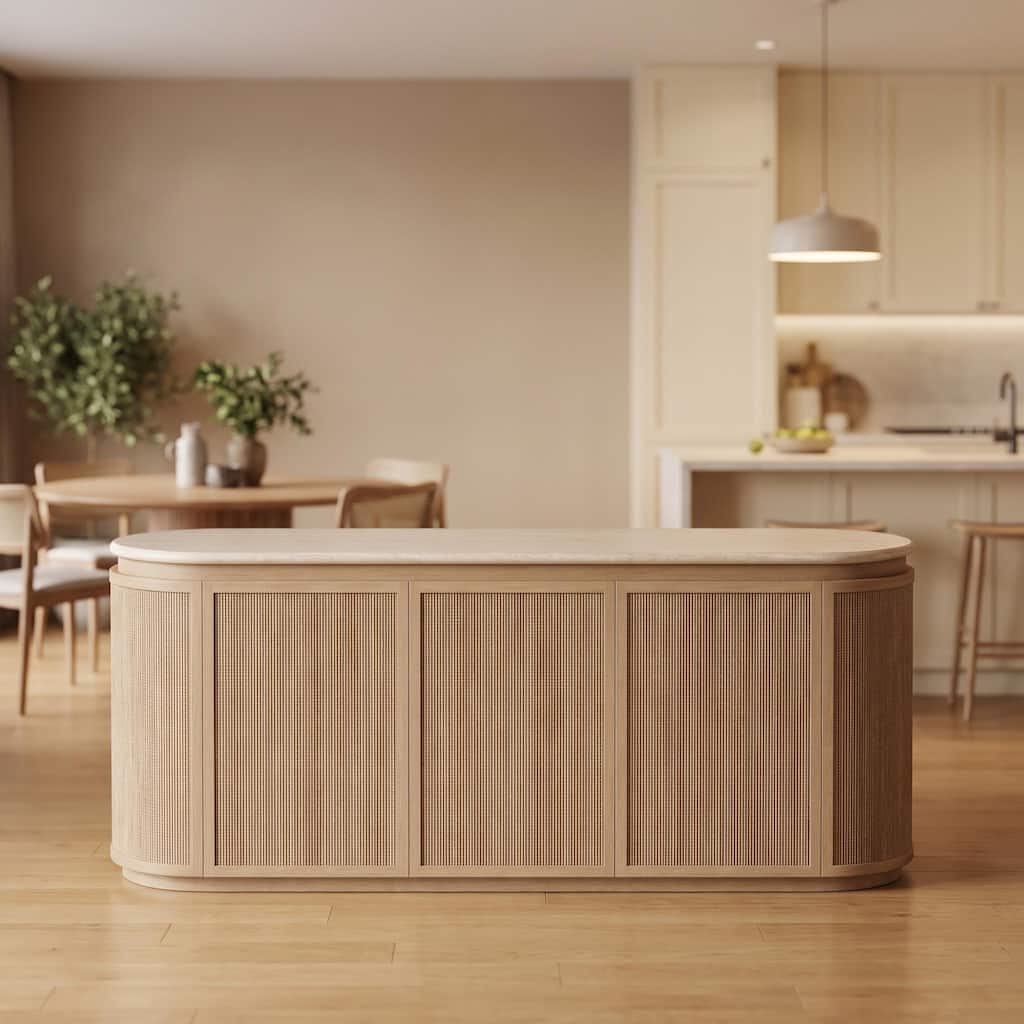 GDFStudio - 72" Stone Top Server Cabinet with Rope Front and Soft-Close Hinges Storage Cabinet