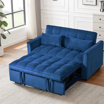 3 in 1 Convertible Sleeper Sofa Bed, Adjustable Backrest, Velvet Loveseat Futon Sofa with Pockets, Blue
