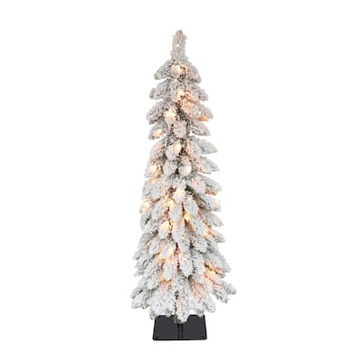 Puleo International Pre-Lit 3' Flocked Pencil Alpine Artificial Christmas Tree