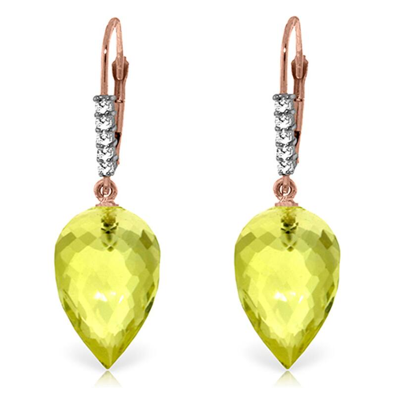 18.15 Carat 14K Solid Gold Drop Lemon Quartz Diamond Earrings - Rose