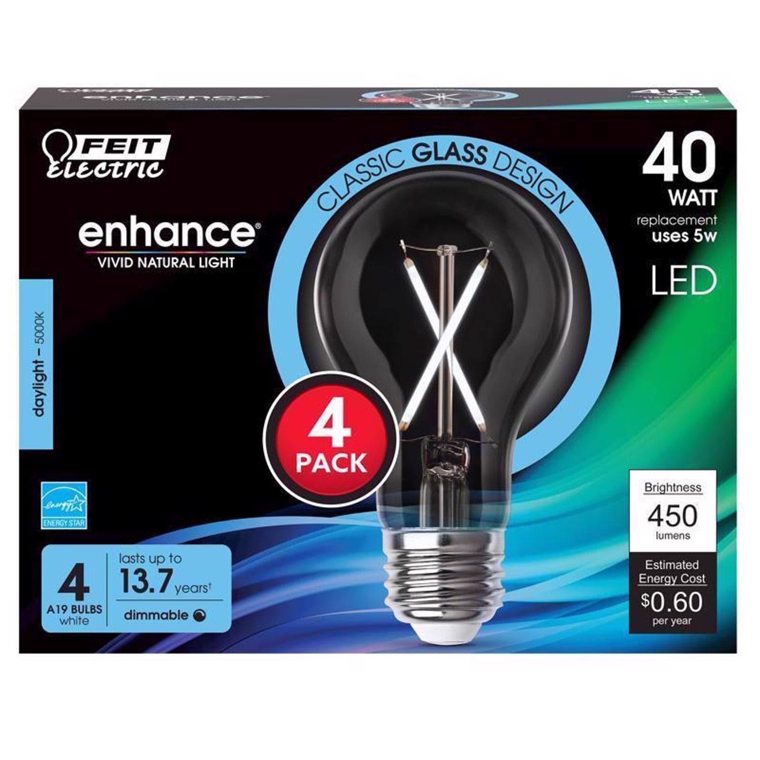 Feit Enhance A19 E26 Medium Filament LED Bulb Daylight 40 Watt Equivalence 4 pk Cool White Bed Bath Beyond 42406757