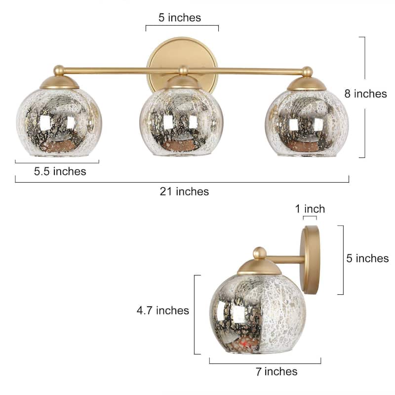 Modern Gold 3-Light Linear Bathroom Vanity Lights with Mercury Glass - 21" L x 6.8" W x 8" H