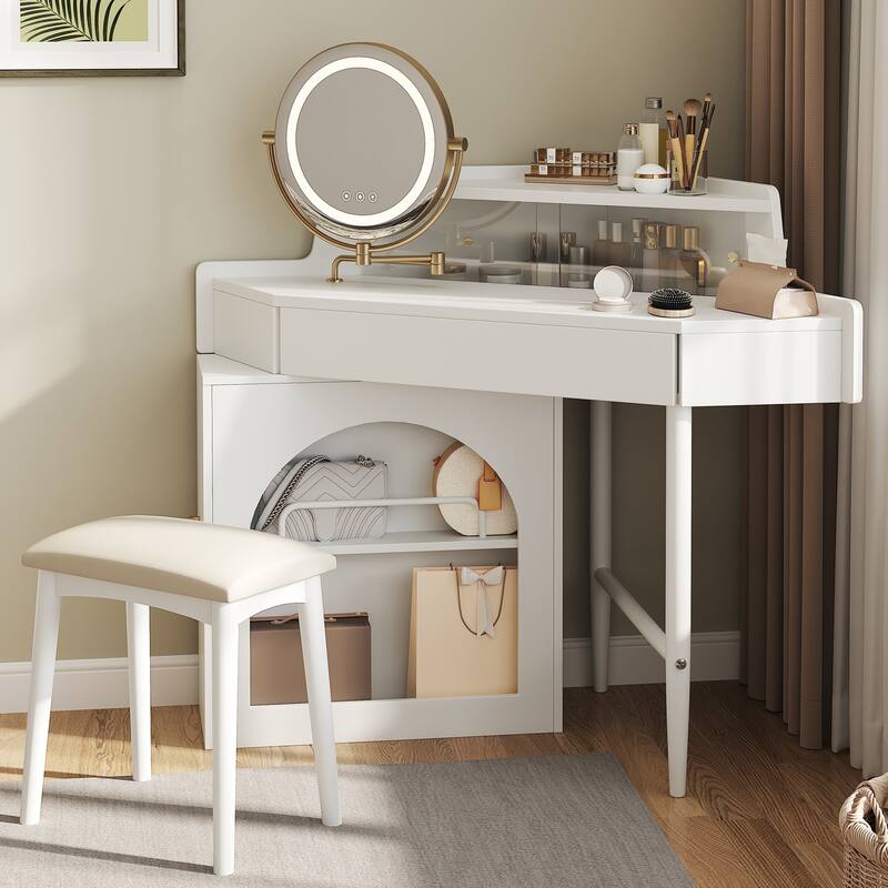 Corner Vanity Desk with Mirror & Lights, Wood Fluted Makeup Vanity Desk, Dressing Table with Large Storage Space