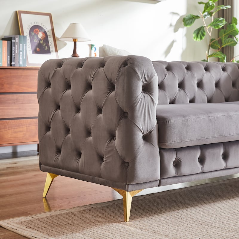 Tufted Design Straight Row Couch Velvet Chesterfield Deep Seat Sofa, Upholstered Couch with Solid Wood Frame and Gold Metal Legs