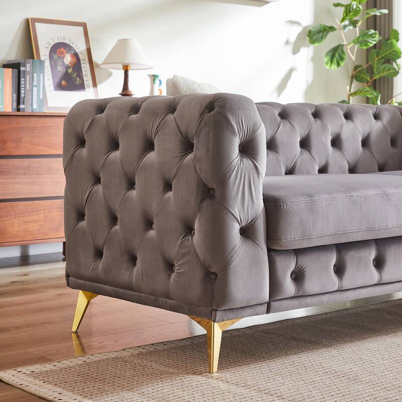 Velvet Upholstered 3 Seater Sofa, Chesterfield Tufted Button Sofa, Lounge Sofa Chair with 2 Pillows & Metal Legs