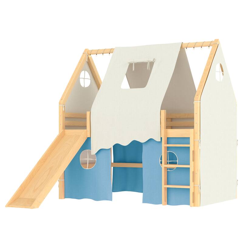 Fairytale Loft Bed Wooden House Bed with Tents, Light Strip and Slide