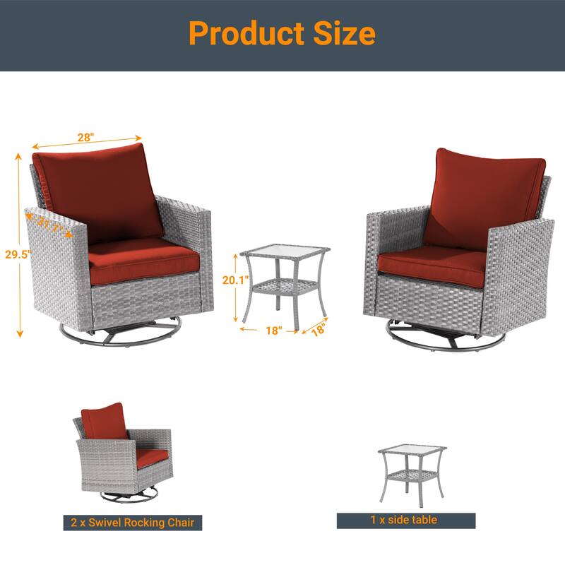 LIVOOSUN 3-Piece Patio Sofa Set Outdoor Rattan Swivel Rocking Chair Glass Table