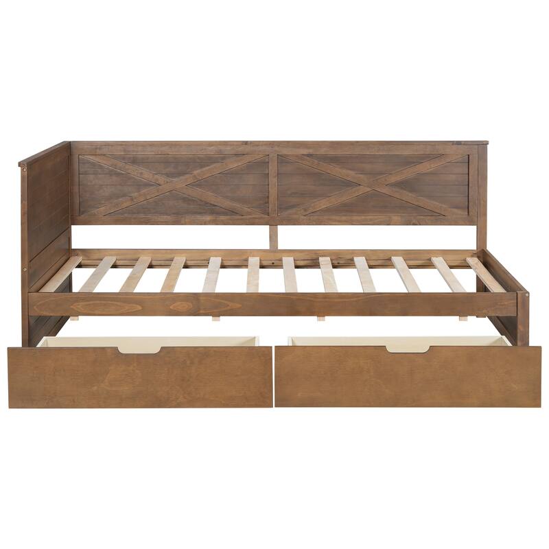 Twin Size Wood Daybed with 2 Drawers and Rustic Guardrail
