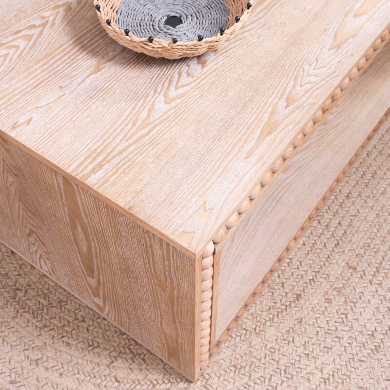 Rustic Beaded Edge Coffee Table -47.6" Rectangular Center Table with Open Storage Shelf