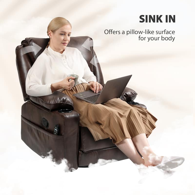 Brown PU Massage Swivel Recliner Chair with Lumbar Heating Rocking and 8 Vibration Modes