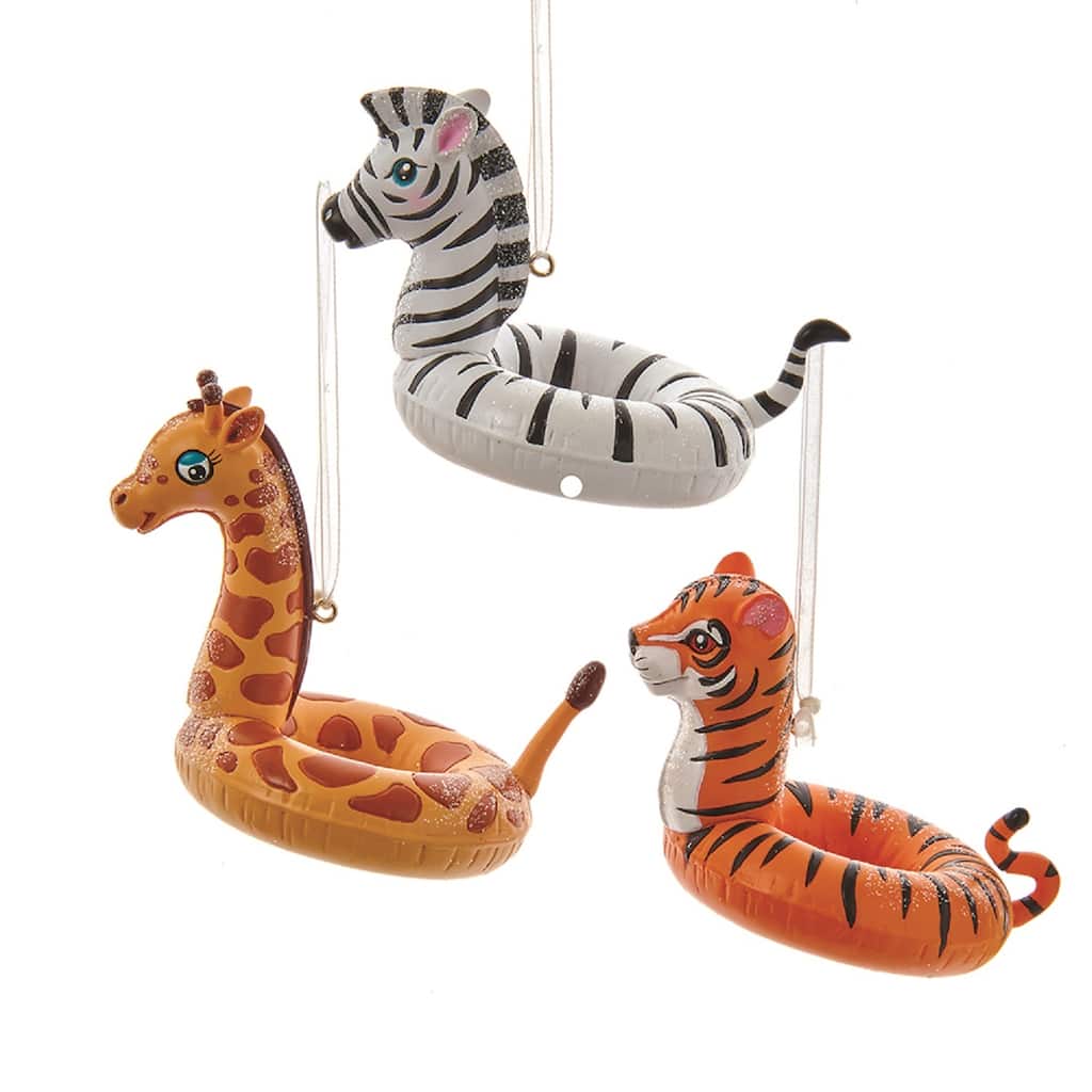 Jungle Animals Zebra Giraffe Tiger Floats Christmas Holiday Ornaments Set of 3 - Multi