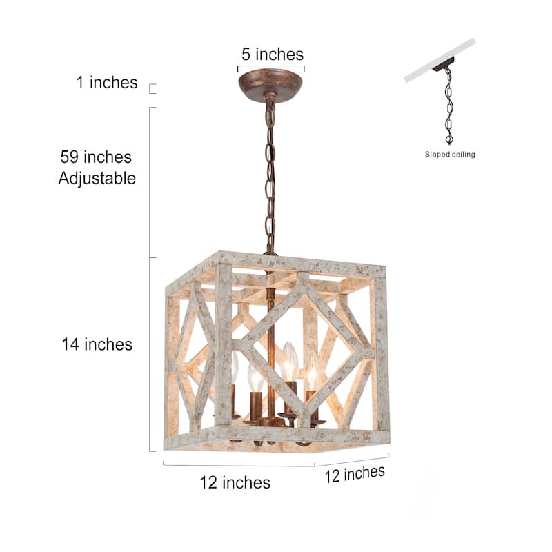 Farmhouse 4-Light Distressed Wood Chandelier for Dining Room - L12"x W12"x H14"
