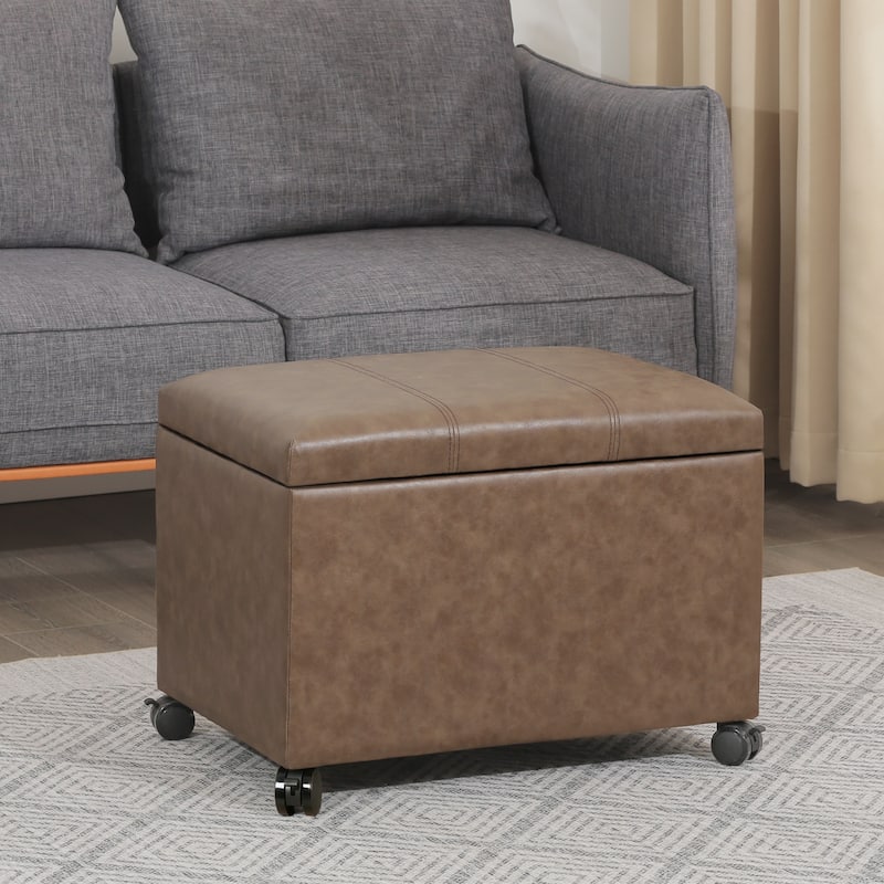 Adeco Faux Leather Storage Ottoman for Living Room Footstool - light Brown-With Casters