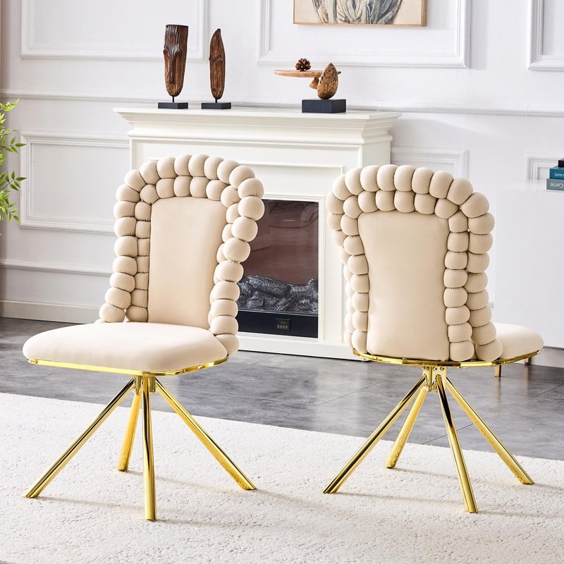 Set of 2 Puffy Bubble Velvet Dining Chairs with Ball Chain Detail & Gold Legs