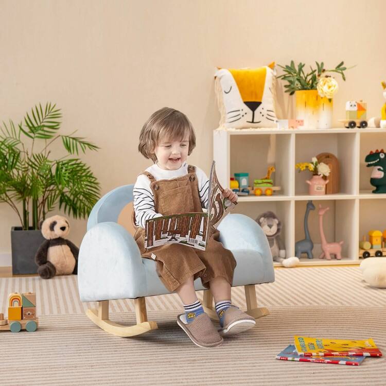 Toddler Rocking Chair with Solid Rubber Wood Frame Soft Velvet Cover-Blue - 19.5"L x 18"W x 17.5"H