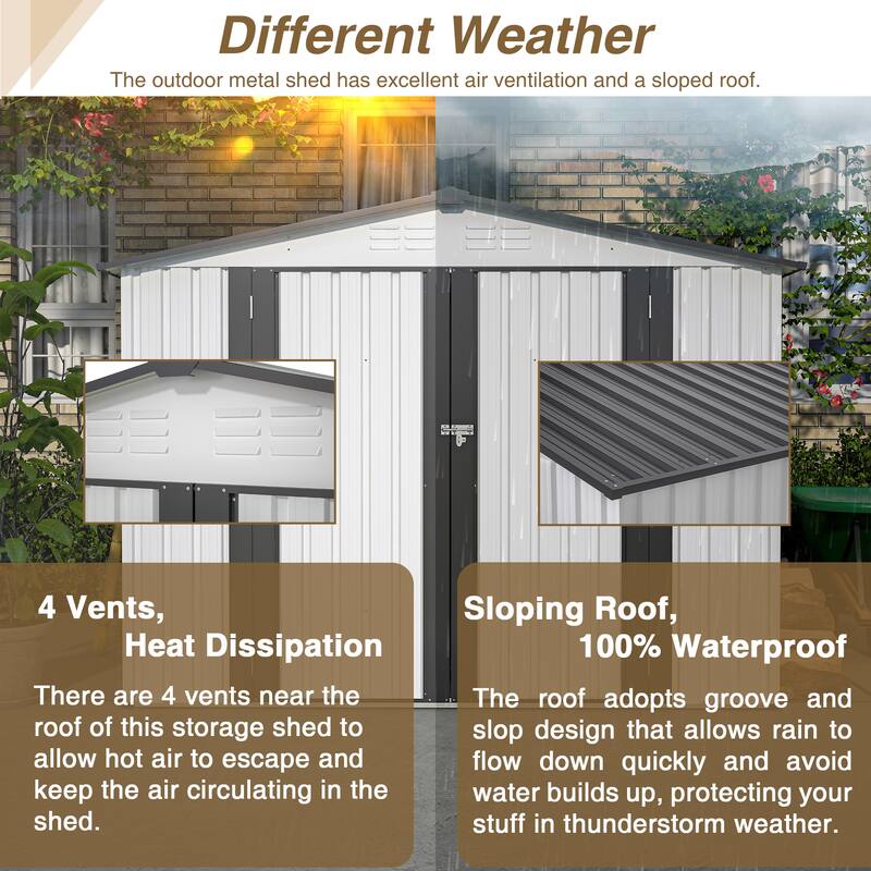 GDFStudio - Eleanor Spacious Outdoor All-Weather Metal Storage Shed with Secure Double Doors - 8 x 6 ft