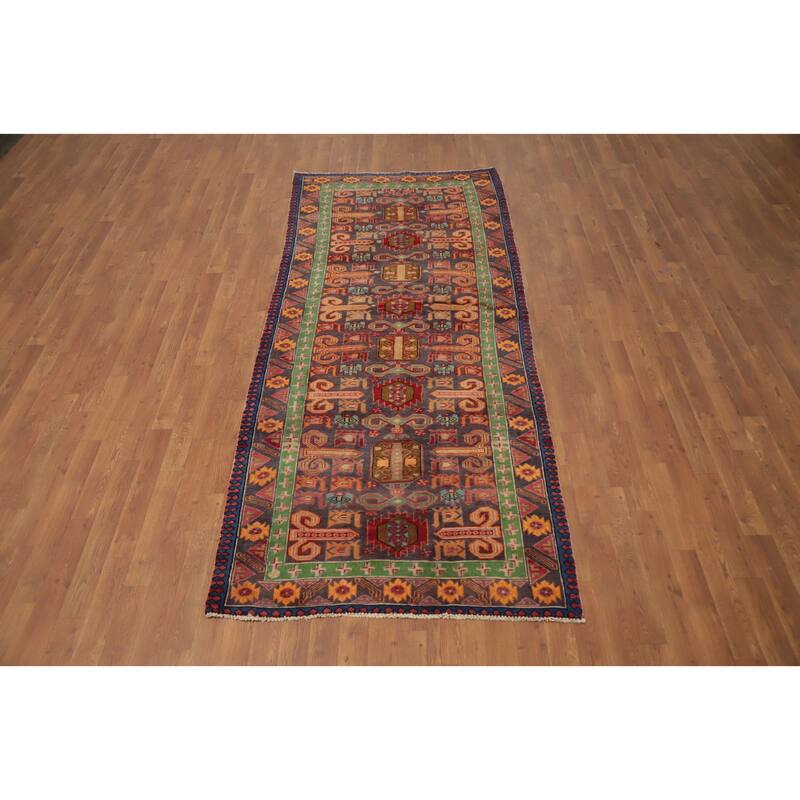 Hand Knotted Oriental 100% Wool Carpet Traditional Geometric Navy Blue & Blues Ardebil Runner Rug - 8' 9'' X 3' 9''