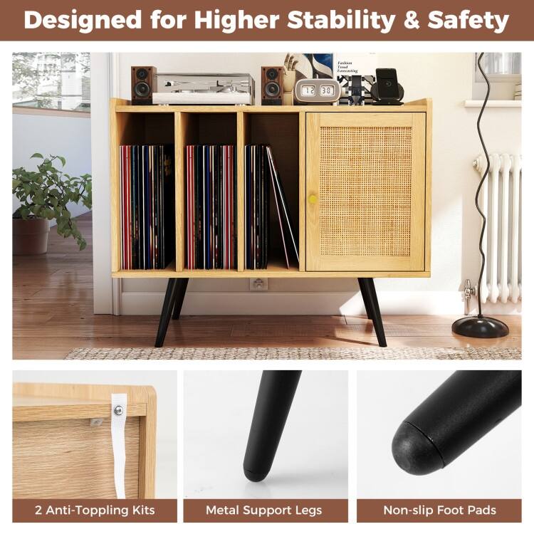 Natural Engineered Wood Rattan Record Player Stand with USB and AC Outlets - 31.5" x 16" x 25.5"