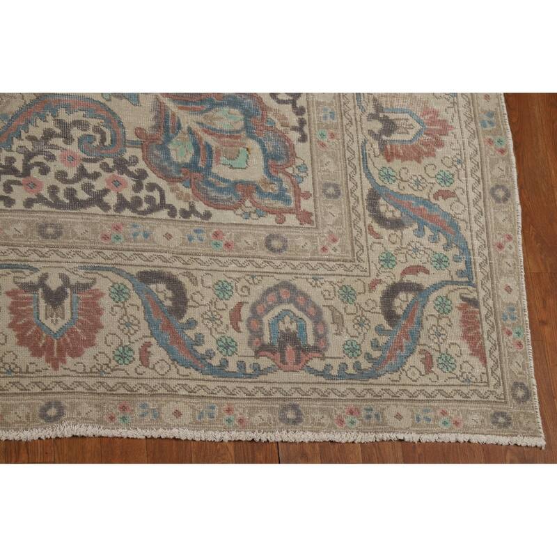Medallion Tabriz Persian Area Rug Beige Hand-Knotted Wool Carpet - 9'5"x 12'3"