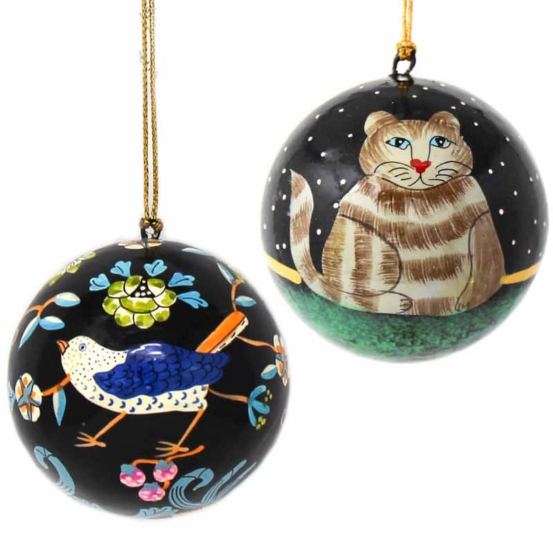 Recycled Paper Handpainted Animal Theme Ornaments, Set of 2 (India) - Cat/Bird