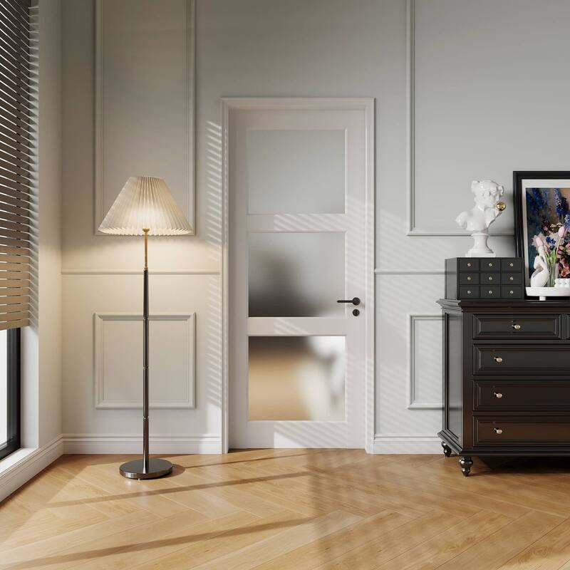 80"H 3 Lite Frosted Glass French White Prefinish Paintable Doors Pantry Laundry Closet Shaker French Interior Slab Door - 30X80