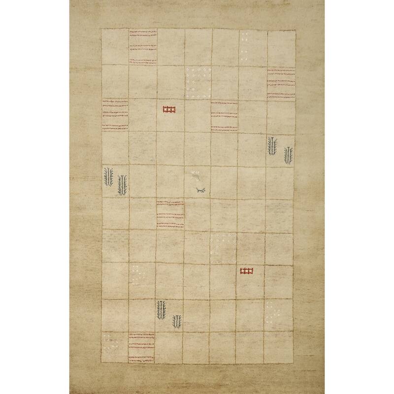 Hand Knotted Oriental 100% Wool Carpet Modern Geometric Beige & Ivories Gabbeh Area Rug - 7' 10'' X 5' 7''