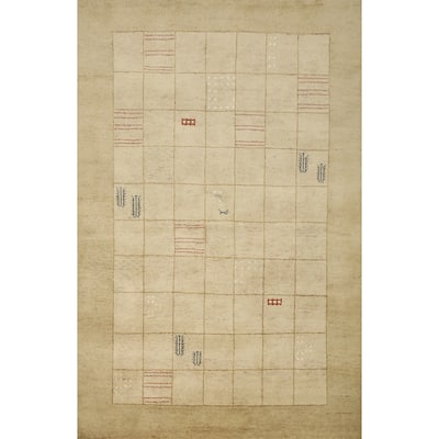 Hand Knotted Oriental 100% Wool Carpet Modern Geometric Beige & Ivories Gabbeh Area Rug - 7' 10'' X 5' 7''