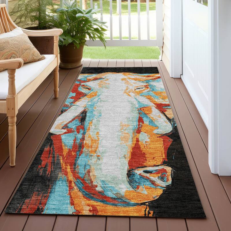 Machine Washable Indoor/ Outdoor Modern Elephant Chantille Rug - Black - 2'3" x 7'6"