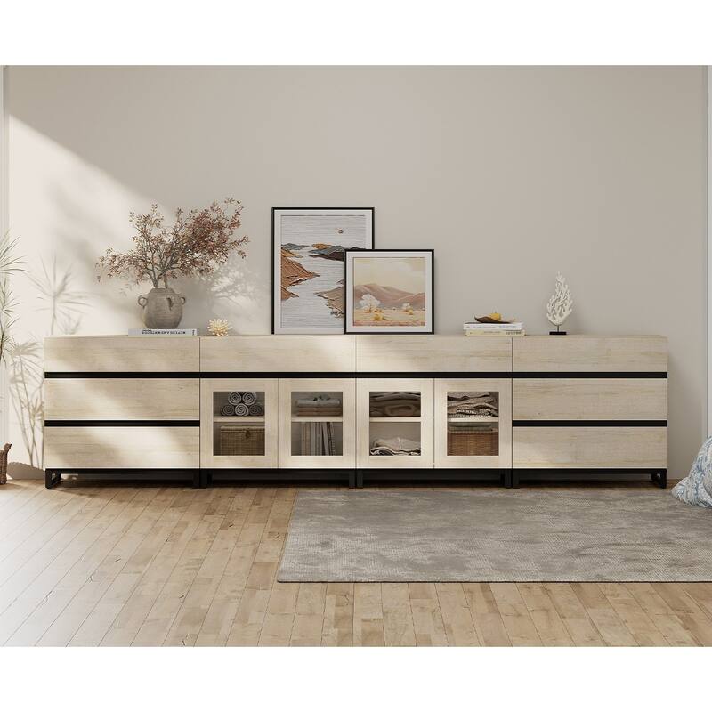 Dresser with Glass Doors, 4 in 1 Modern Chest of Drawers with Adjustable Shelves and 8 Drawers, Closet Organizers for Bedroom - Beige - 8-drawer