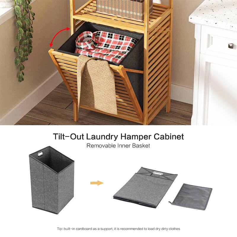 Bamboo Laundry Hamper Bathroom Storage Shelf Cabinet with Tilt Out - 17.32 x 13 x 37.8 inch