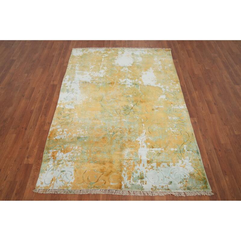 Hand Knotted Oriental Viscose Silk Carpet Modern All-Over Oranges & Rust Abstract Area Rug - 6' 4'' X 4' 6''