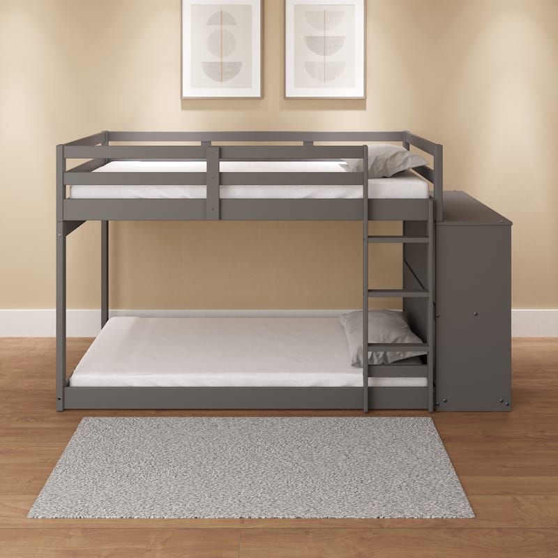 Twin over Twin Pine Frame Bunk Bed with Storage and 4 Drawers and 3 Open Compartments