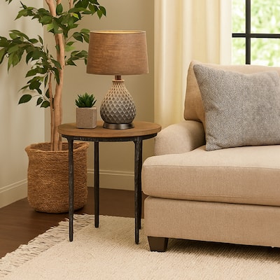 Lemy Side End Table, 22 Inch Rustic Round Brown Top, Black Metal Legs