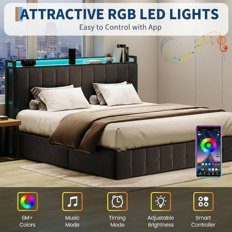 Bed Frame with Lift Up Storage and Charging Station