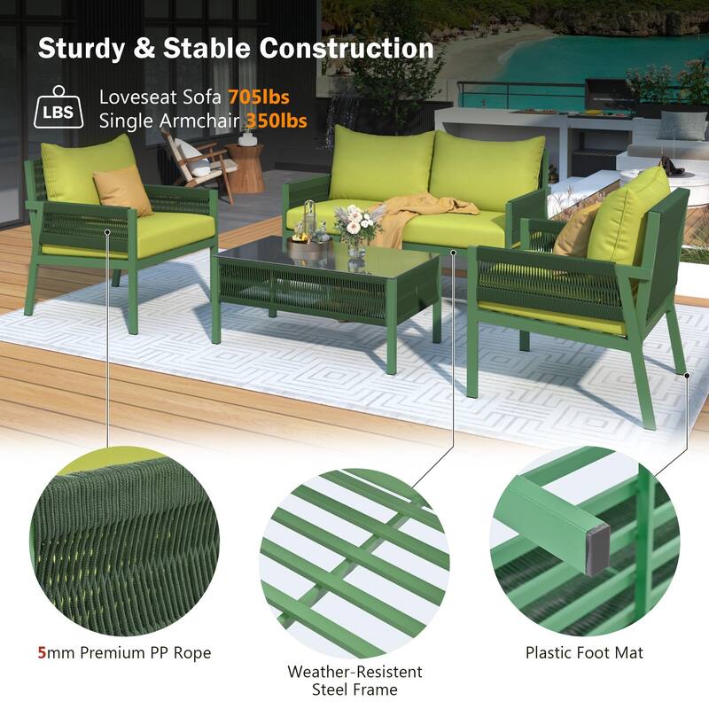 4-Piece Patio Furniture Set, Outdoor Garden Conversation Set with Tempered Glass Table, Deep Seating and Thick Cushion