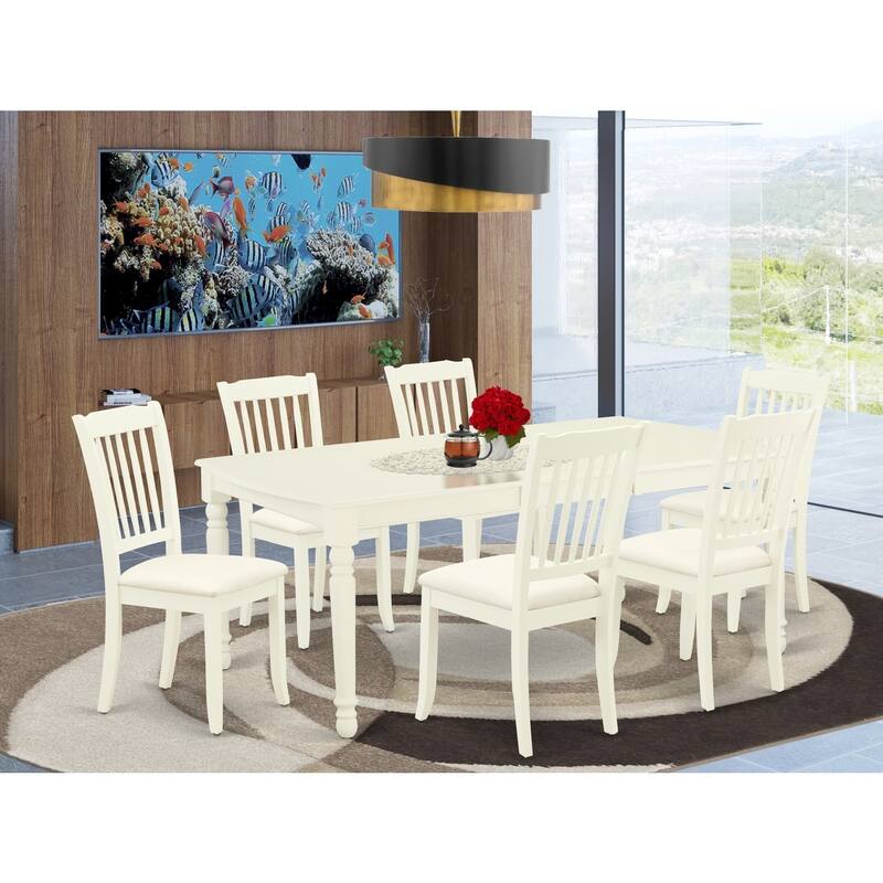 7Pc Dinette Set - Kitchen Table with Butterfly Leaf & 6 Linen Dining Chairs - White Finish - 78