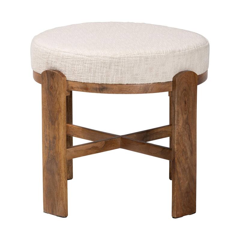 Whitfield Round Fabric Ottoman Stool - Modern Accent Seating or Footstool with Upholstered Cushion and Mango Wood Frame