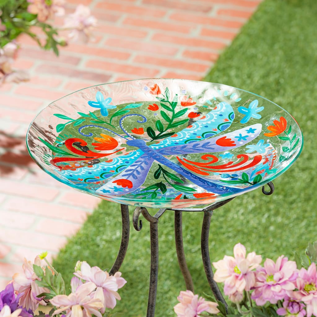 18" Glass Folk Art Bird Bath, Dragonfly