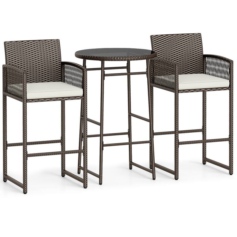 Gymax 3 Piece Wicker Patio Bar Set w/ 2 Seat Cushions Glass Tabletop - Multi