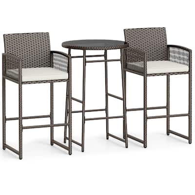 Gymax 3 Piece Wicker Patio Bar Set w/ 2 Seat Cushions Glass Tabletop