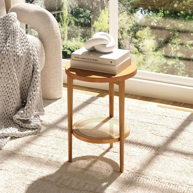Nathan James Sonia Bohemian 2-Tier Round End Table in Light Wood With Rattan Storage Shelf