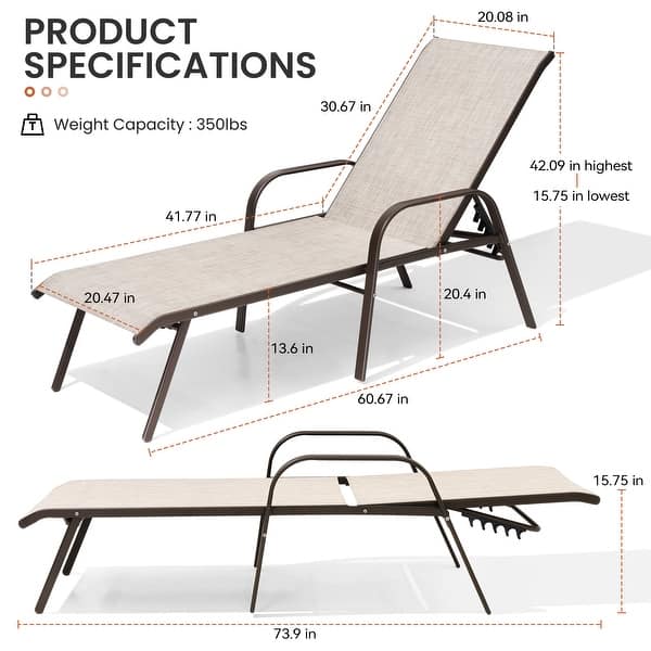 dimension image slide 1 of 8, Set of 4 Lounge Chairs Outdoor Chaise Lounge with Arms and Adjustable Back