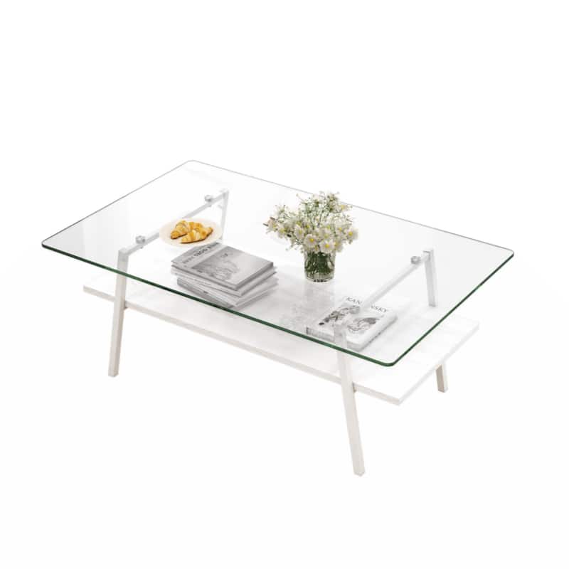 Rectangle Coffee Table, Tempered Glass Tabletop with Black Metal Legs, Modern Table for Living Room