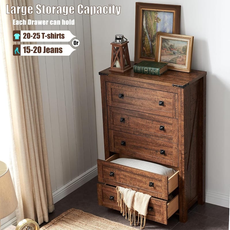 48" Tall Farmhouse 5 Drawer Wood Dresser, Chest of Drawers for Bedroom
