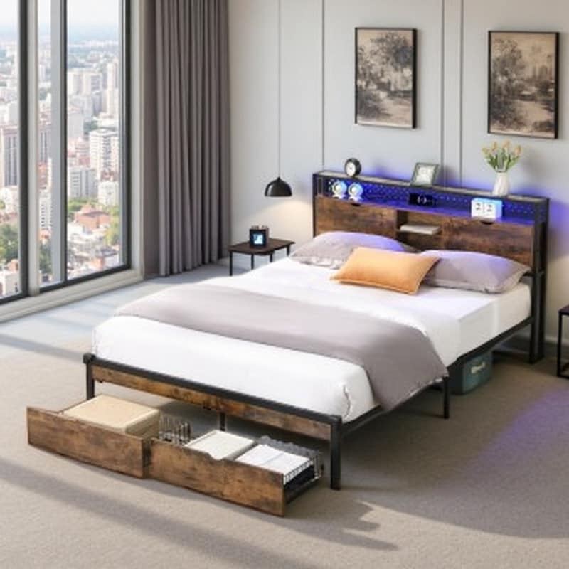 King Metal Bed Frame with Storage Headboard, USB Charging Ports, LED Lighting, 2 Drawers & Wood Accents