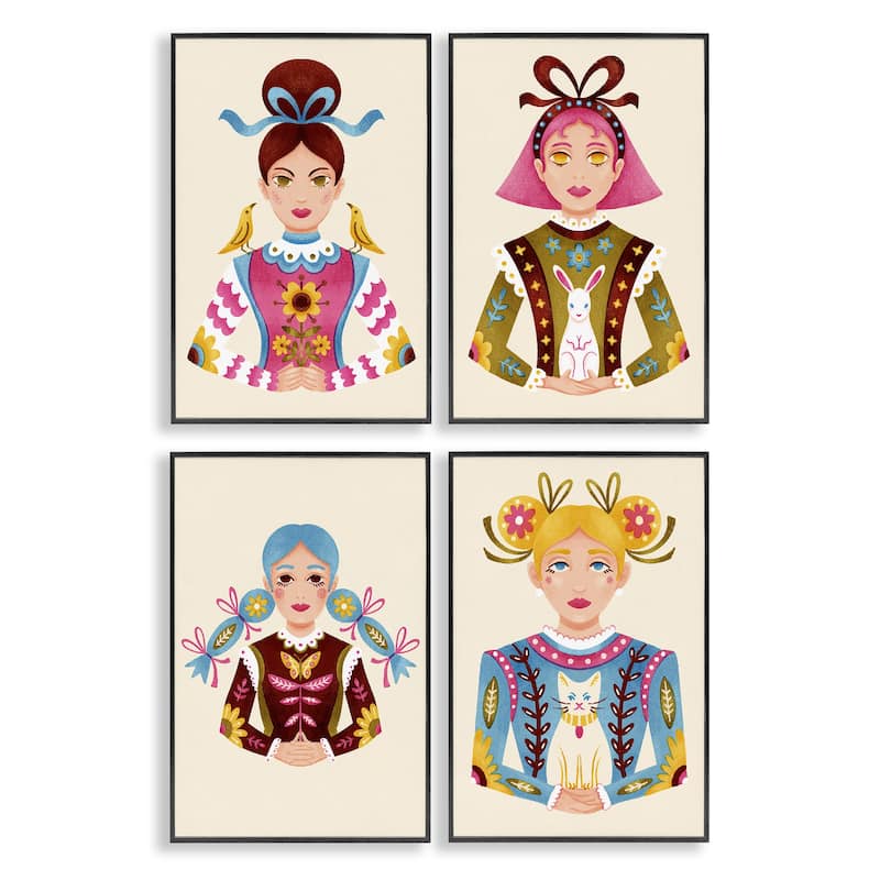 Stupell Floral Folk Women Portraits Framed Giclee Art Design By Hannah Moren (Set of 4) - 12 x 18 - Black