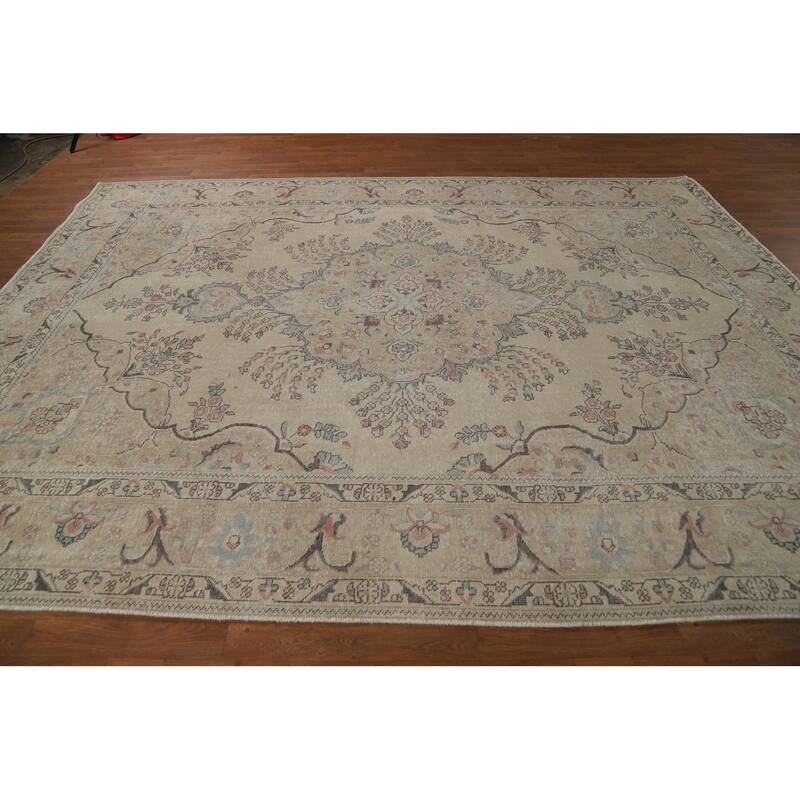 Floral Tabriz Persian Area Rug Hand-Knotted Beige Wool Carpet - 8'2"x 10'11"