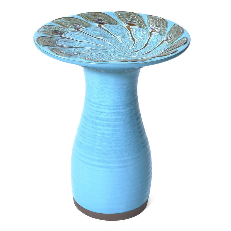 Powder Blue Vintage Spiral Ceramic 20-In Tall Birdbath